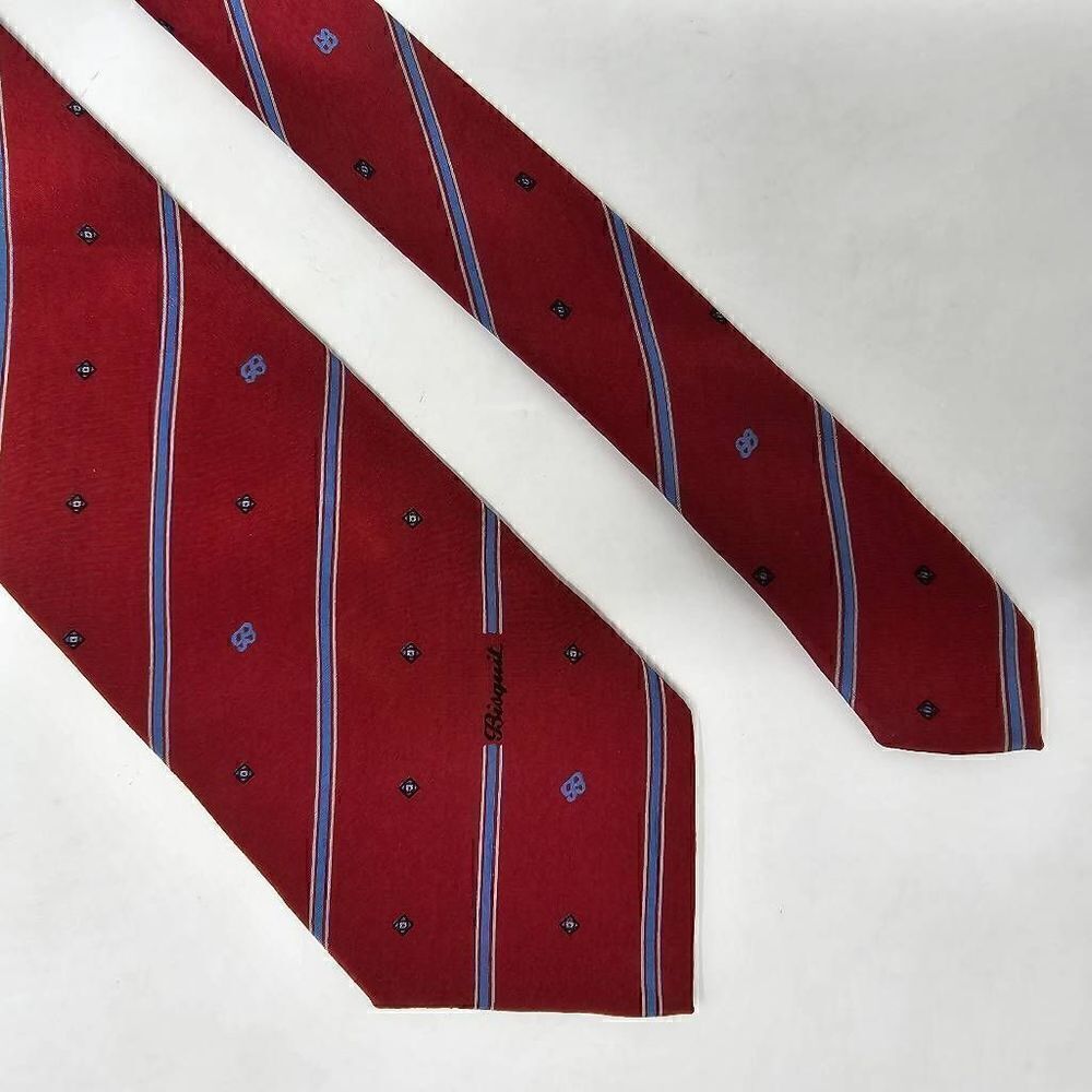 BISQUIT COGNAC VINTAGE SILK TIE RED BLUE LOGO STRIPE SATIN 3" X 56"